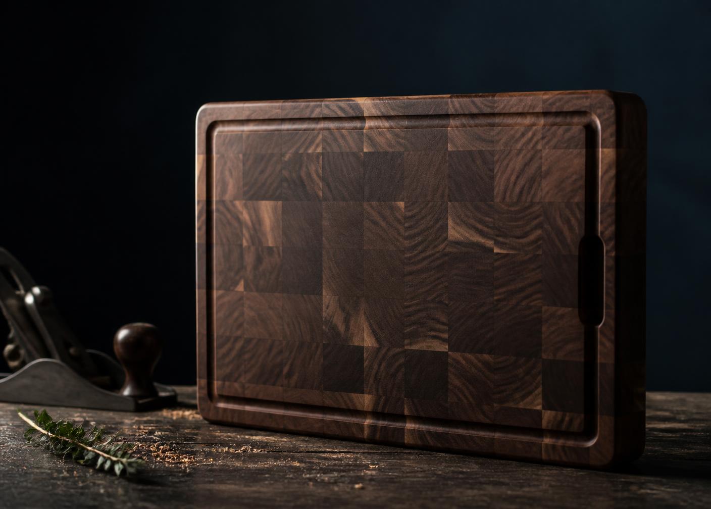 Walnut edge grain cutting board on a workshop bench